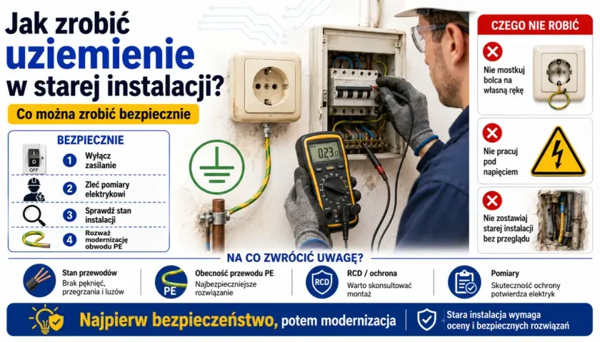 Elektryk sprawdza zerowanie gniazdka miernikiem. Poradnik o bezpieczeństwie instalacji elektrycznej.