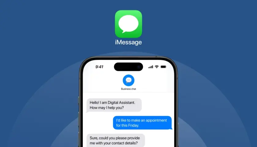 Rozmowa przez iMessage z asystentem cyfrowym. Użytkownik chce umówić wizytę, a asystent prosi o dane kontaktowe.