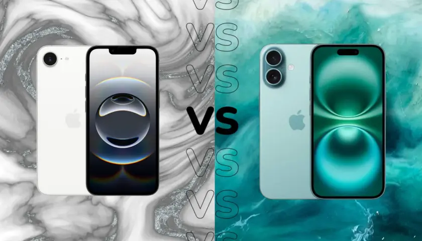 Porównanie iPhone 15 vs 16: dwa modele telefonów Apple na tle marmuru i turkusowej wody.