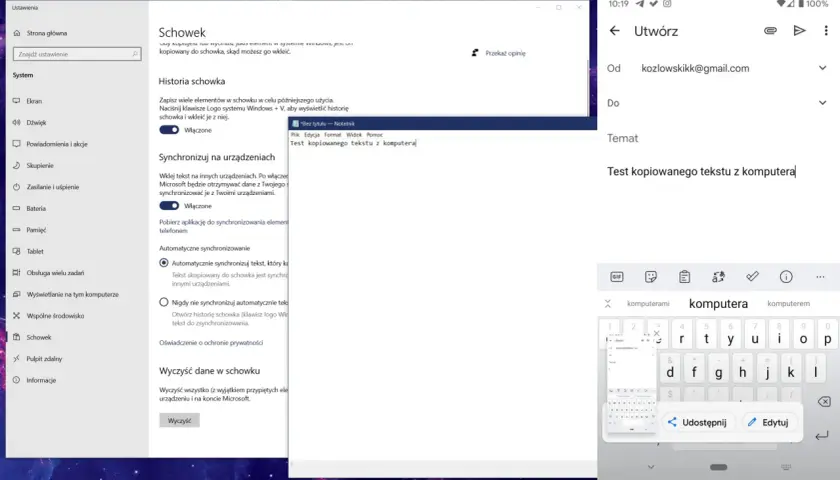 Ustawienia schowka Windows: historia, synchronizacja między urządzeniami i czyszczenie danych. Test kopiowanego tekstu z komputera.