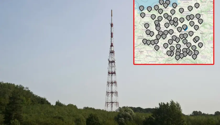 Wysoki maszt telekomunikacyjny na tle nieba, obok mapa z zaznaczonymi nadajnikami.