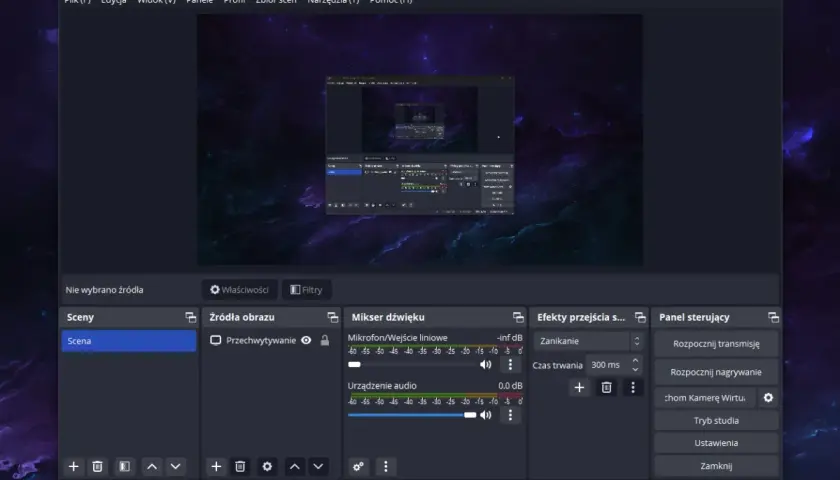 OBS Studio – popularny program do nagrywania ekranu i streamowania. Widok interfejsu z panelami scen, źródeł, miksera dźwięku i sterowania.