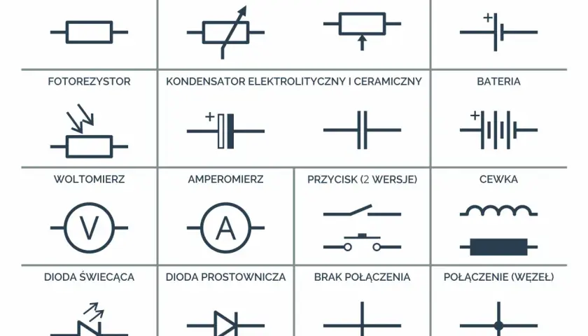 Schematyczne symbole elementów elektrycznych: rezystor, potencjometr, ogniwo, fotorezystor, kondensator, bateria, woltomierz, amperomierz, przycisk, cewka, dioda świecąca, dioda prostownicza, brak połączenia, połączenie (węzeł). Każdy symbol to pewna j...