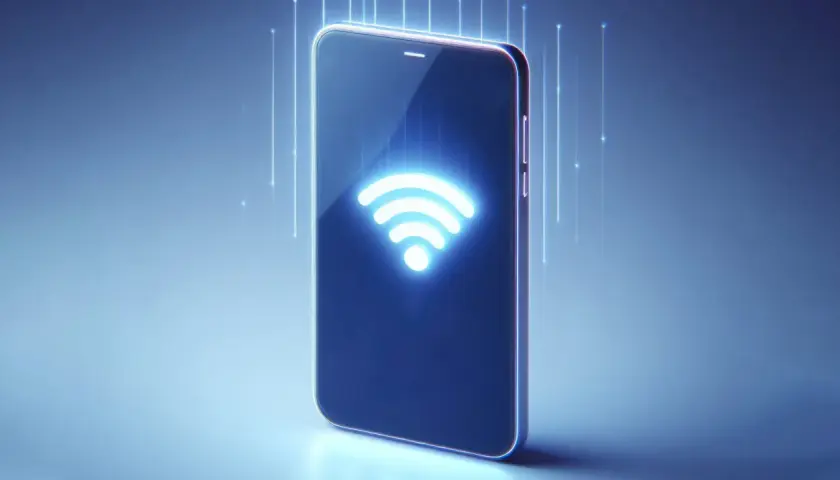 Smartfon z podświetlonym symbolem Wi-Fi, sugerujący jak zadzwonić z internetu.