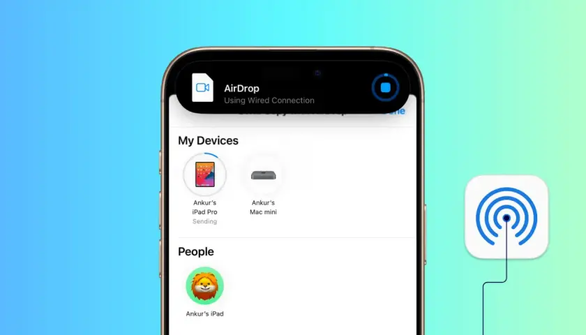 Airdrop co to? Ekran iPhone'a pokazuje opcje udostępniania przez AirDrop, w tym urządzenia i osoby.