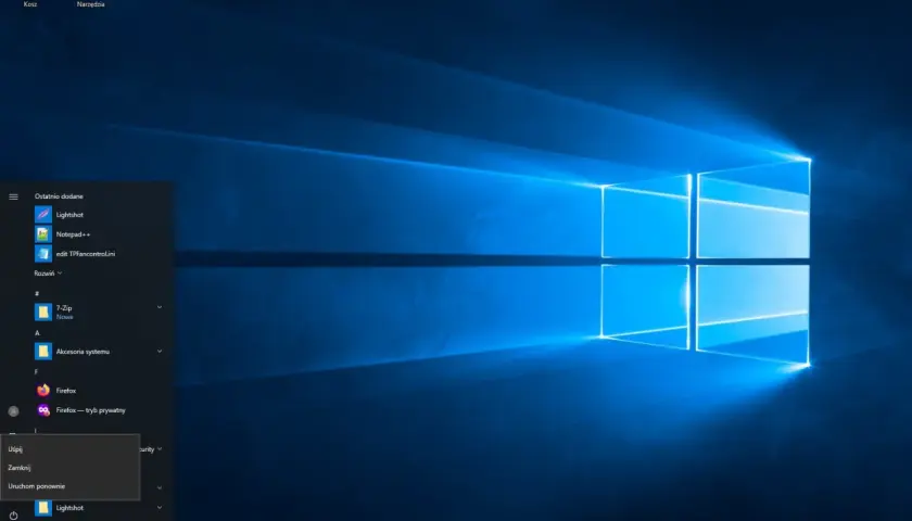 Menu Start Windows 10 z opcjami Uśpij, Zamknij i Uruchom ponownie, sugerujące tryb awaryjny Windows 10.