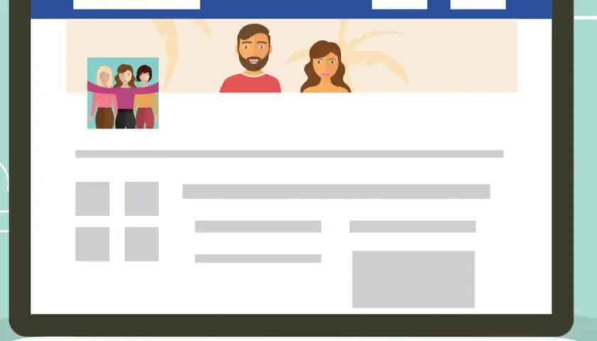 Ilustracja przedstawia ekran laptopa z profilem strony na FB. Dowiedz się, jak zmienić nazwę strony na FB, aby odzwierciedlała Twoją markę.