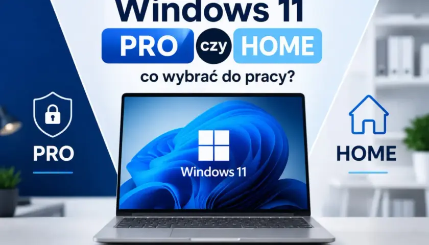Windows 11 Home vs Pro: co wybrać do pracy? Laptop z systemem Windows 11 na tle grafiki porównującej wersje Pro i Home.