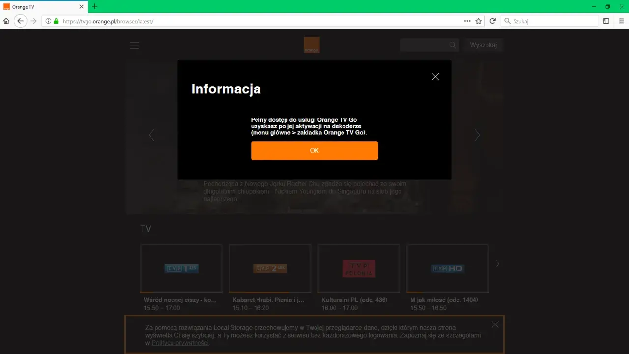 Pomarańczowy komunikat informuje o dostępie do Orange TV Go na telewizorze. OK.