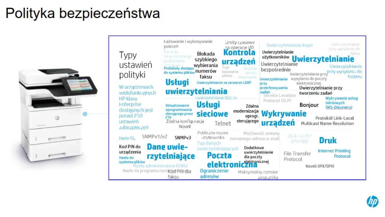 Gdzie znaleźć hasło do drukarki HP LaserJet? W urządzeniach wielofunkcyjnych HP klasy Enterprise znajdziesz ponad 250 ustawień zabezpieczeń, w tym dane uwierzytelniające.