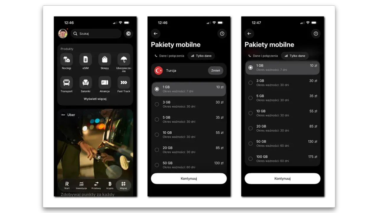 Aplikacja mobilna oferuje pakiety danych do internetu w Turcji. Dostępne są różne opcje, od 1 GB na 7 dni do 100 GB na 60 dni.