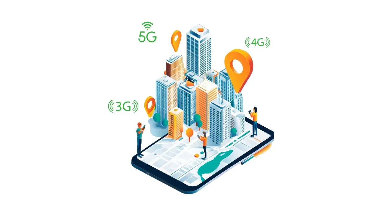 Wizualizacja pokazuje miasto z wieżowcami, mapę na ekranie smartfona i ikony 3G, 4G, 5G. Kto operator ma najlepszy zasięg?