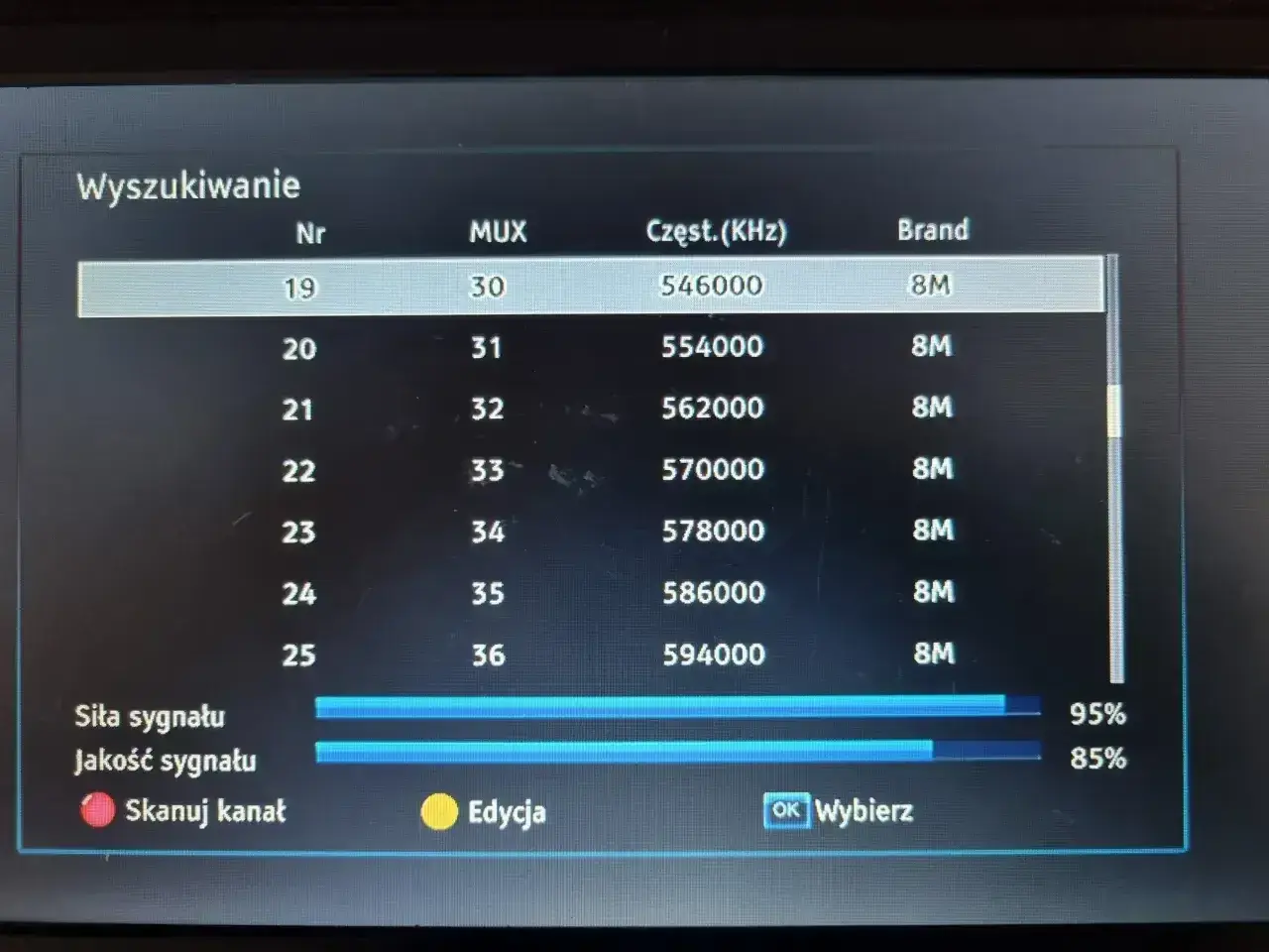 Ekran telewizora TCL z menu "Wyszukiwanie". Widoczna lista kanałów, siła i jakość sygnału. Informacje pomocne, jak włączyć zasilanie anteny w telewizorze TCL.
