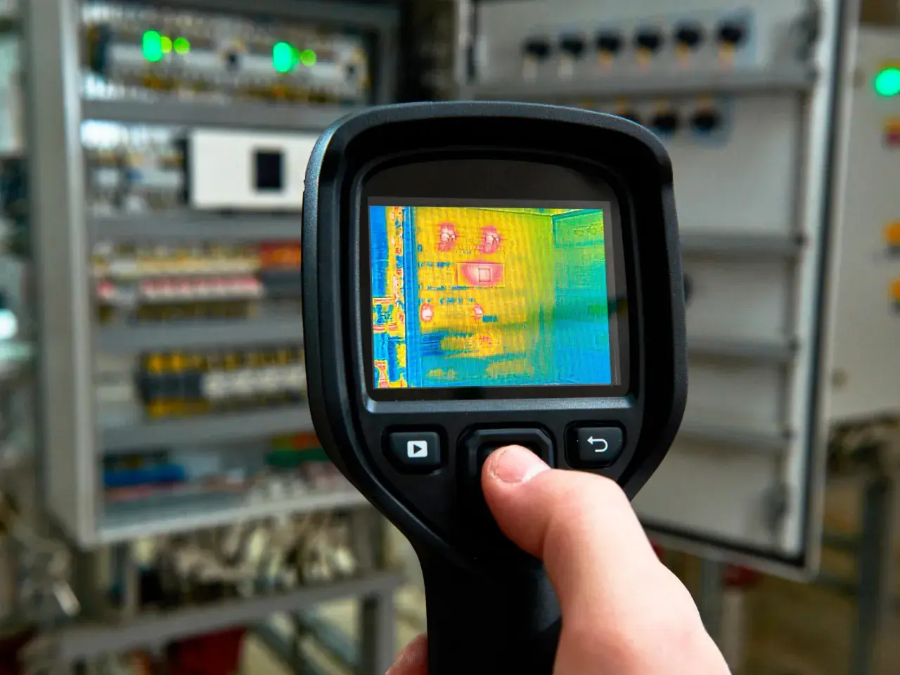 Ręka trzyma kamerę termowizyjną, która pokazuje rozkład temperatur w szafie elektrycznej.