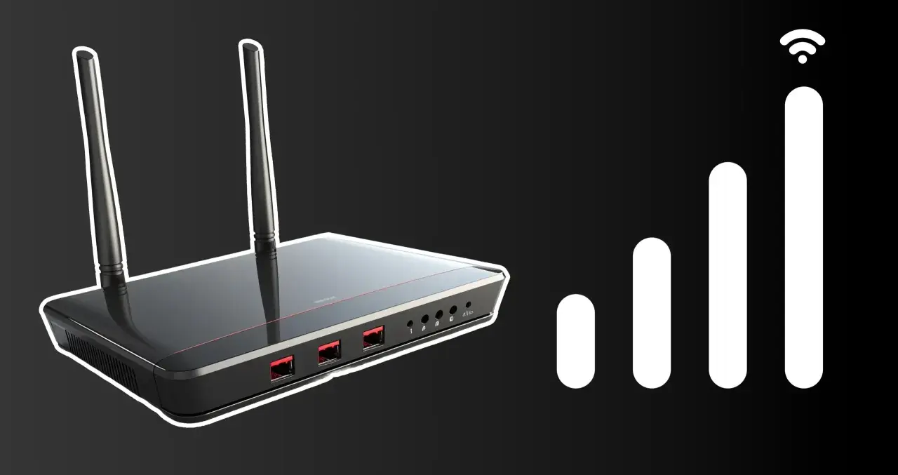 Router z antenkami i ikoną sygnału Wi-Fi. Dowiedz się, jak podłączyć wzmacniacz wifi do routera, by mieć lepszy zasięg.