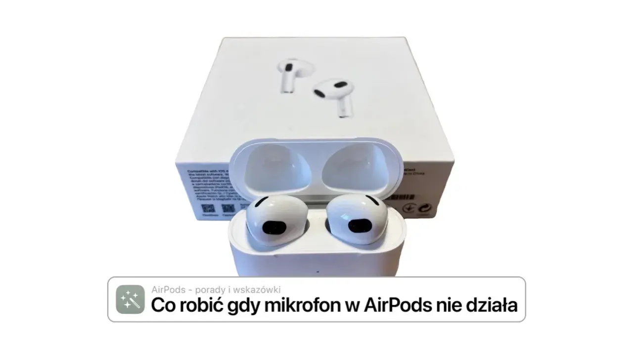AirPods w etui, obok pudełka. Dowiedz się, jak połączyć AirPods z Windowsem, gdy mikrofon nie działa.