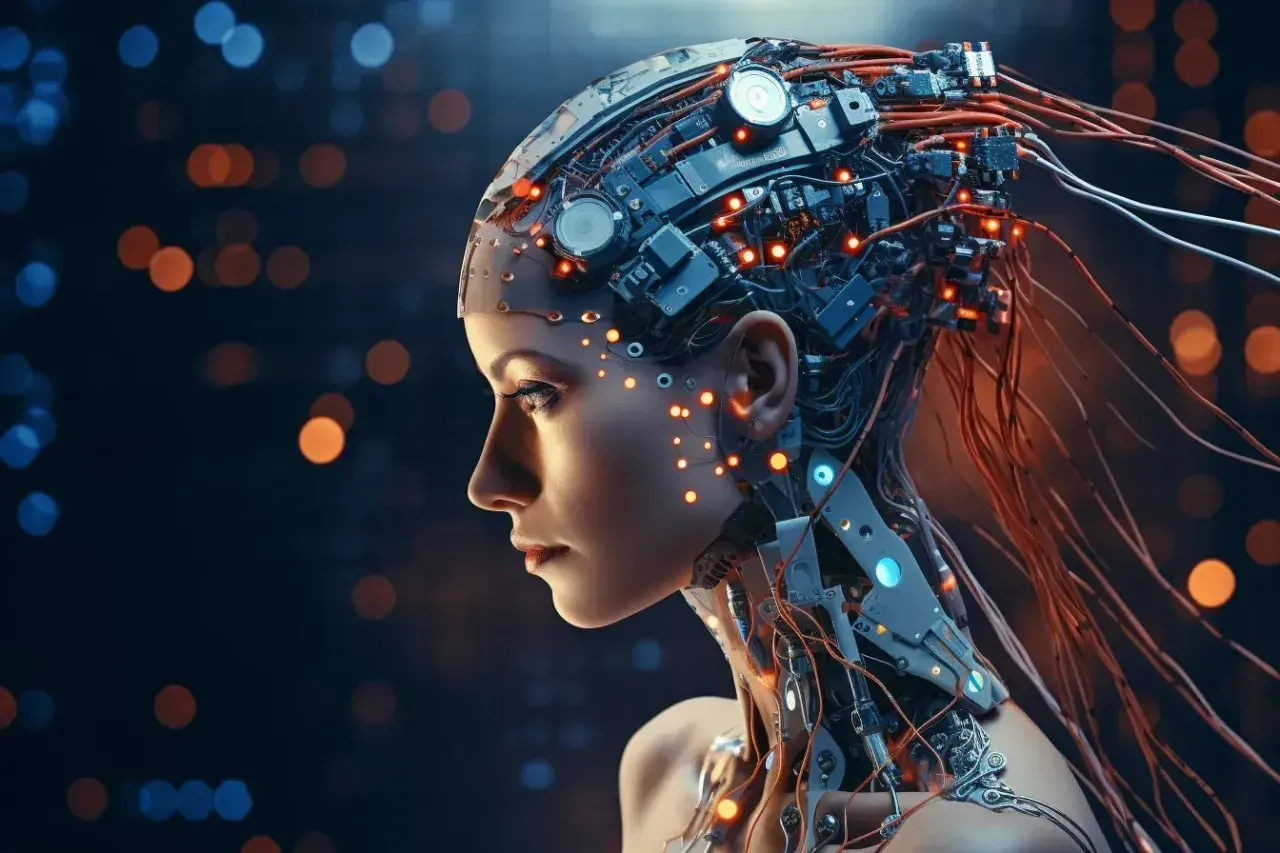 Profil kobiety-robota z widocznymi obwodami i świecącymi diodami, zapowiedź, kiedy sztuczna inteligencja przejmie świat.
