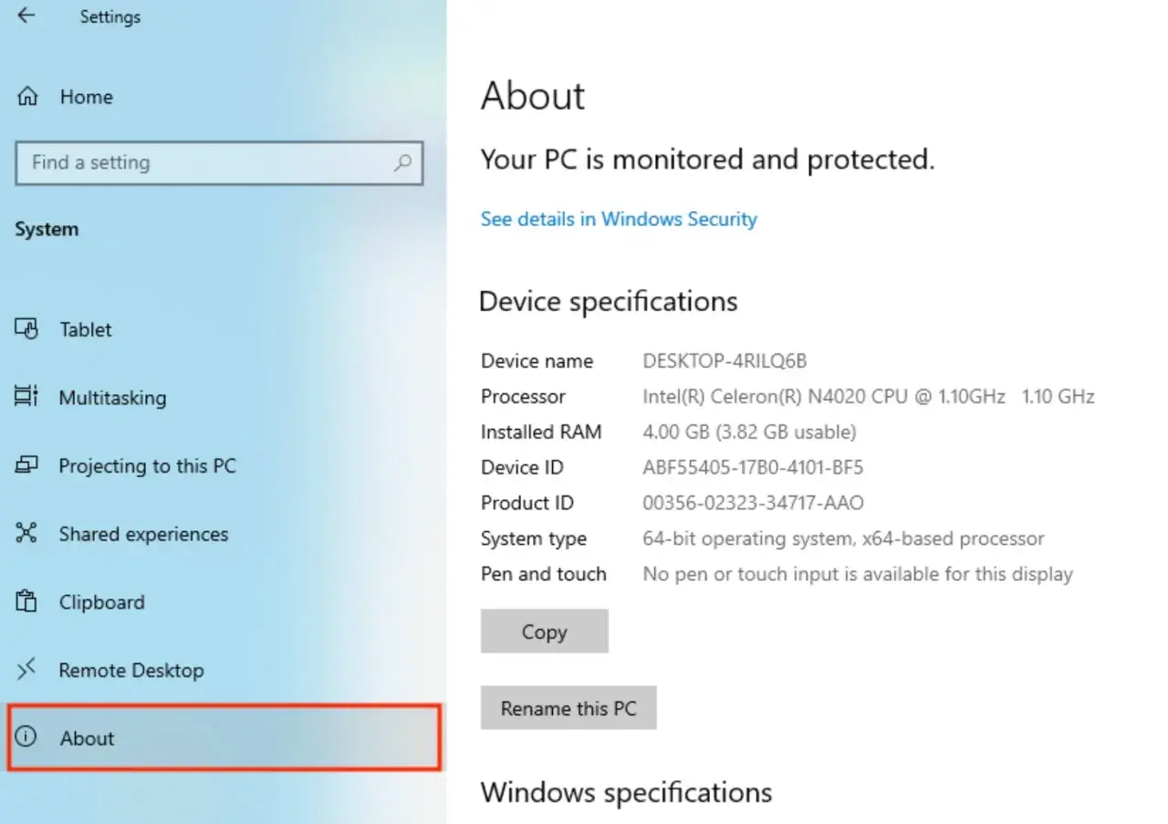 Jak sprawdzić podzespoły komputera? Widok ustawień "Informacje" pokazuje specyfikacje urządzenia: procesor Intel Celeron, 4 GB RAM.