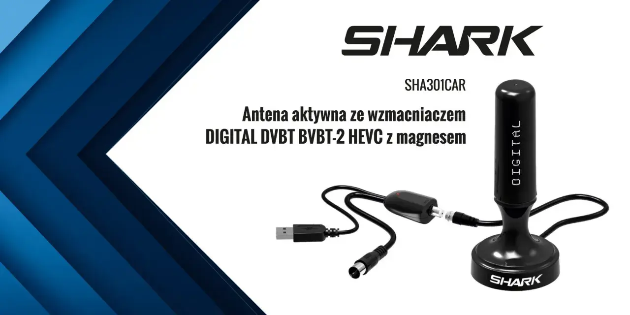 Antena aktywna Shark SHA301CAR z magnesem. Idealna, by zrobić antenę do tv, zapewnia doskonały odbiór cyfrowej telewizji naziemnej.