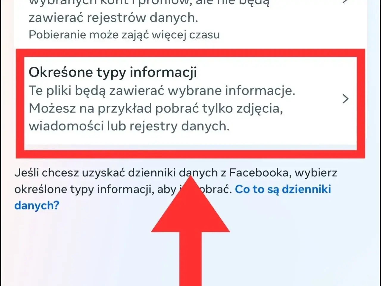 Jak odzyskać usunięte wiadomości z Messengera? Wybierz "Określone typy informacji", aby pobrać np. wiadomości.