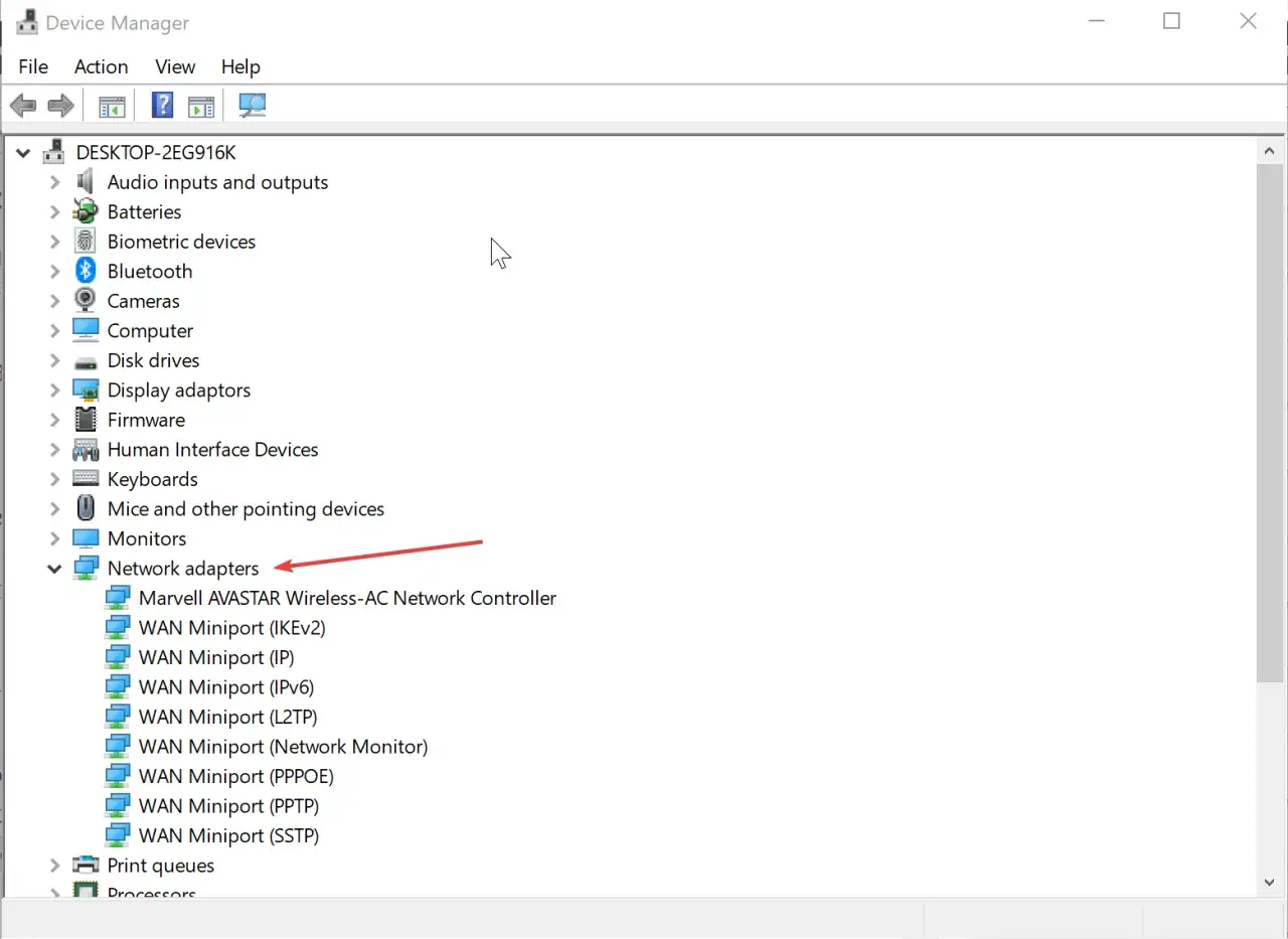 Menedżer urządzeń pokazuje "Network adapters" - klucz do tego, jak przyspieszyć wifi na laptopie.