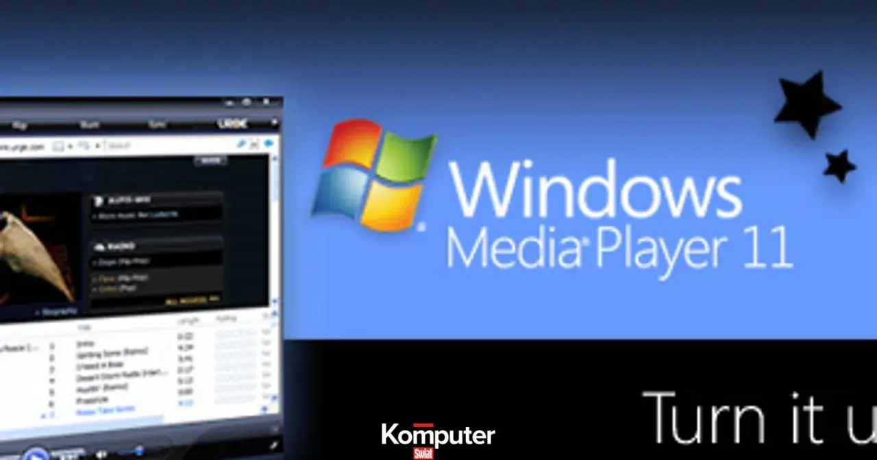 Interfejs Windows Media Player 11 z listą utworów i logo Windows.