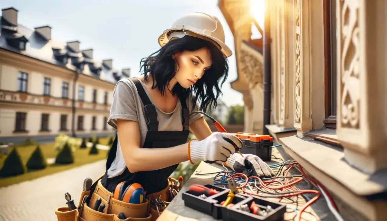 Elektryk z uprawnieniami SEP do 1kV pracuje przy instalacji elektrycznej na zewnątrz budynku.