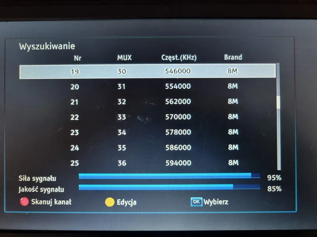Ekran telewizora pokazuje menu "Wyszukiwanie", gdzie można sprawdzić, jak wyszukać kanały z anteny pokojowej. Widoczne są parametry sygnału i częstotliwości.