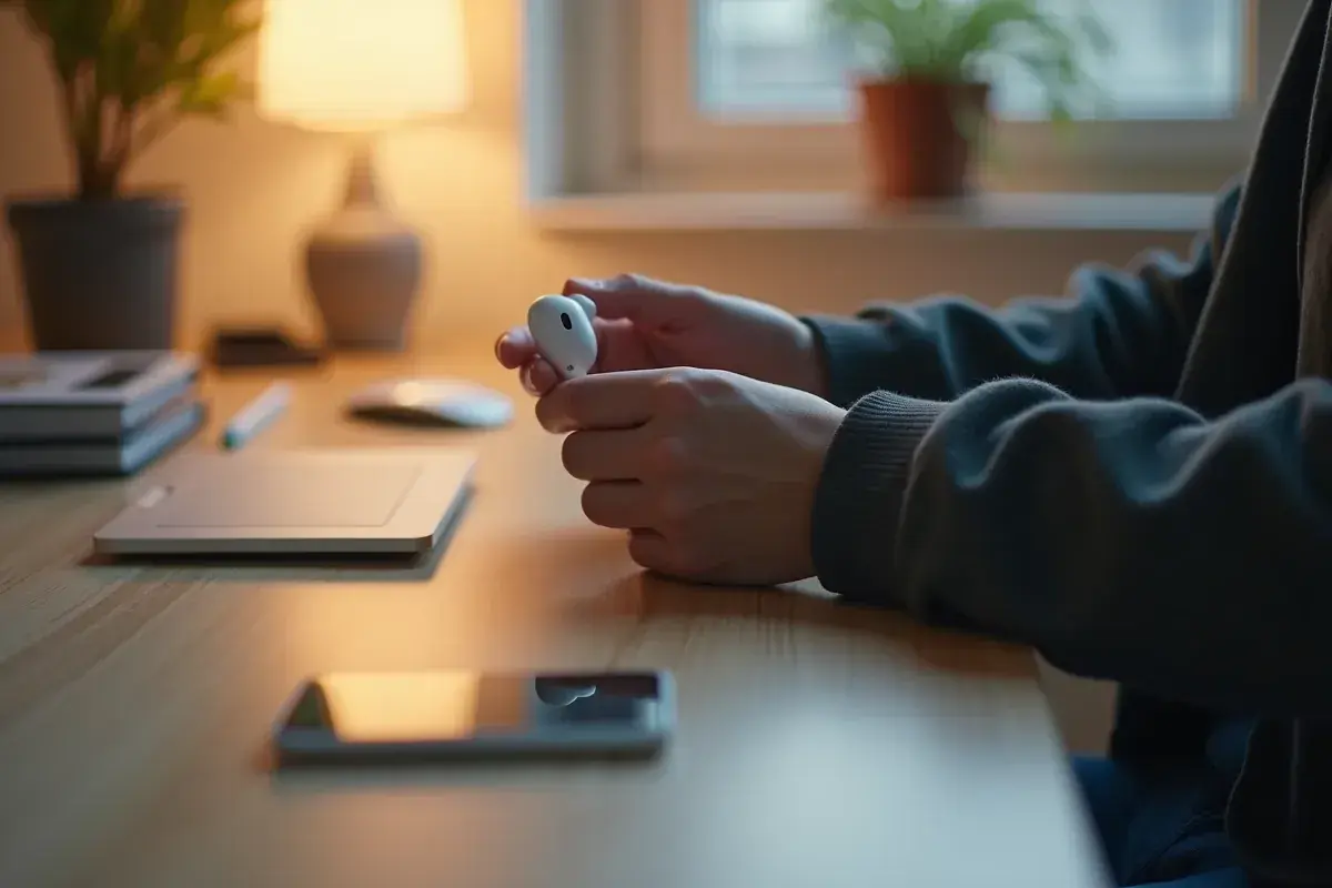 Osoba trzyma białe słuchawki, gotowa by połączyć AirPods z laptopem. Na biurku leży telefon i myszka.