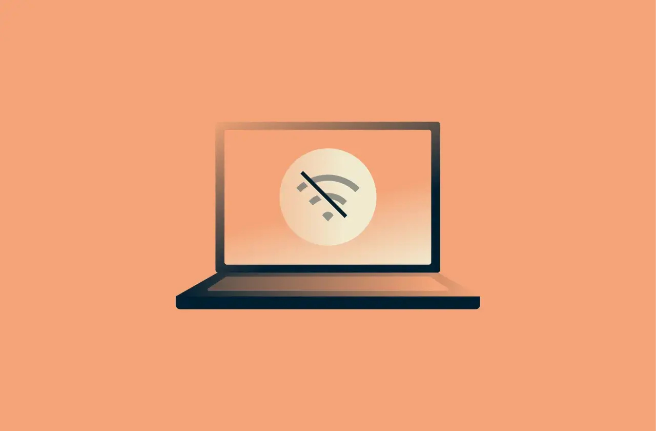 Laptop z symbolem braku połączenia Wi-Fi. Dowiedz się, jak zmienić hasło Wi-Fi w routerze Orange, aby odzyskać dostęp do sieci.