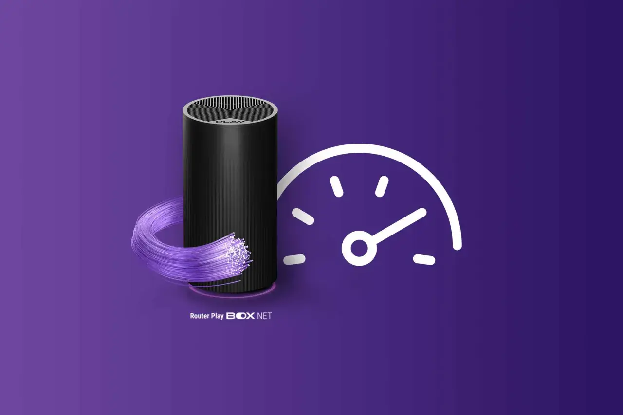 Router Play BOX NET z światłowodem i ikoną prędkościomierza. Dowiedz się, jak przyspieszyć internet w laptopie.