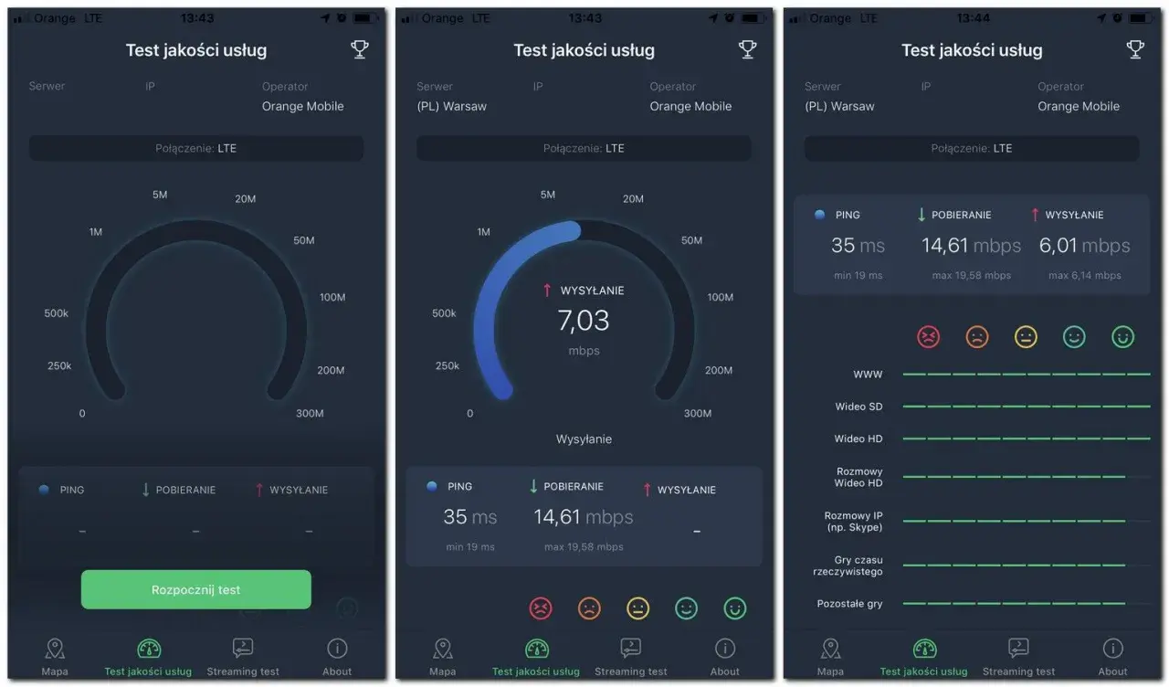 Testy LTE pokazują, kto ma lepszy zasięg: Plus czy T-Mobile? Wyniki Orange Mobile: pobieranie 14,61 mbps, wysyłanie 6,01 mbps.