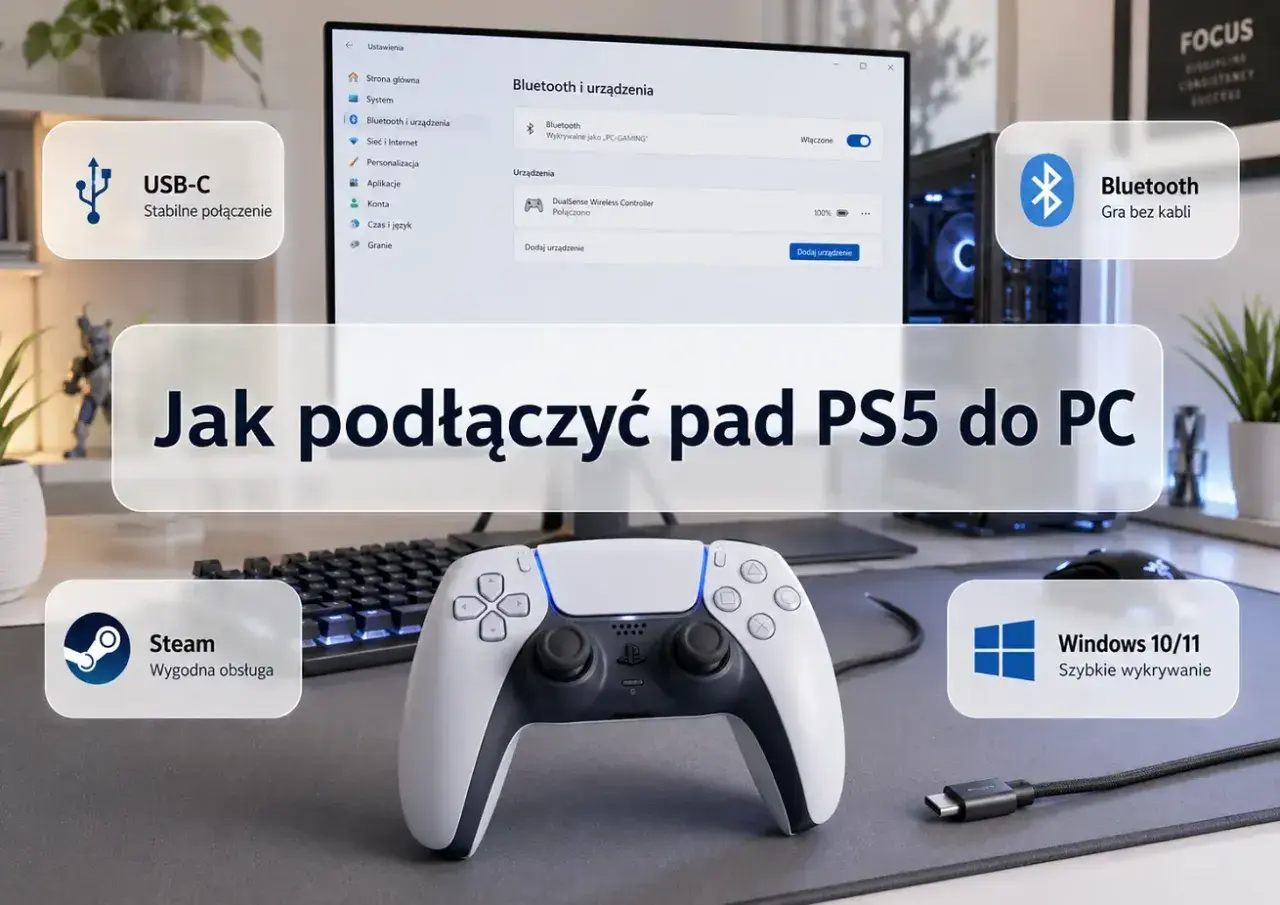 Jak podłączyć pada do PC przez Bluetooth? DualSense na Windows 10/11, gra bez kabli. USB-C zapewnia stabilne połączenie.