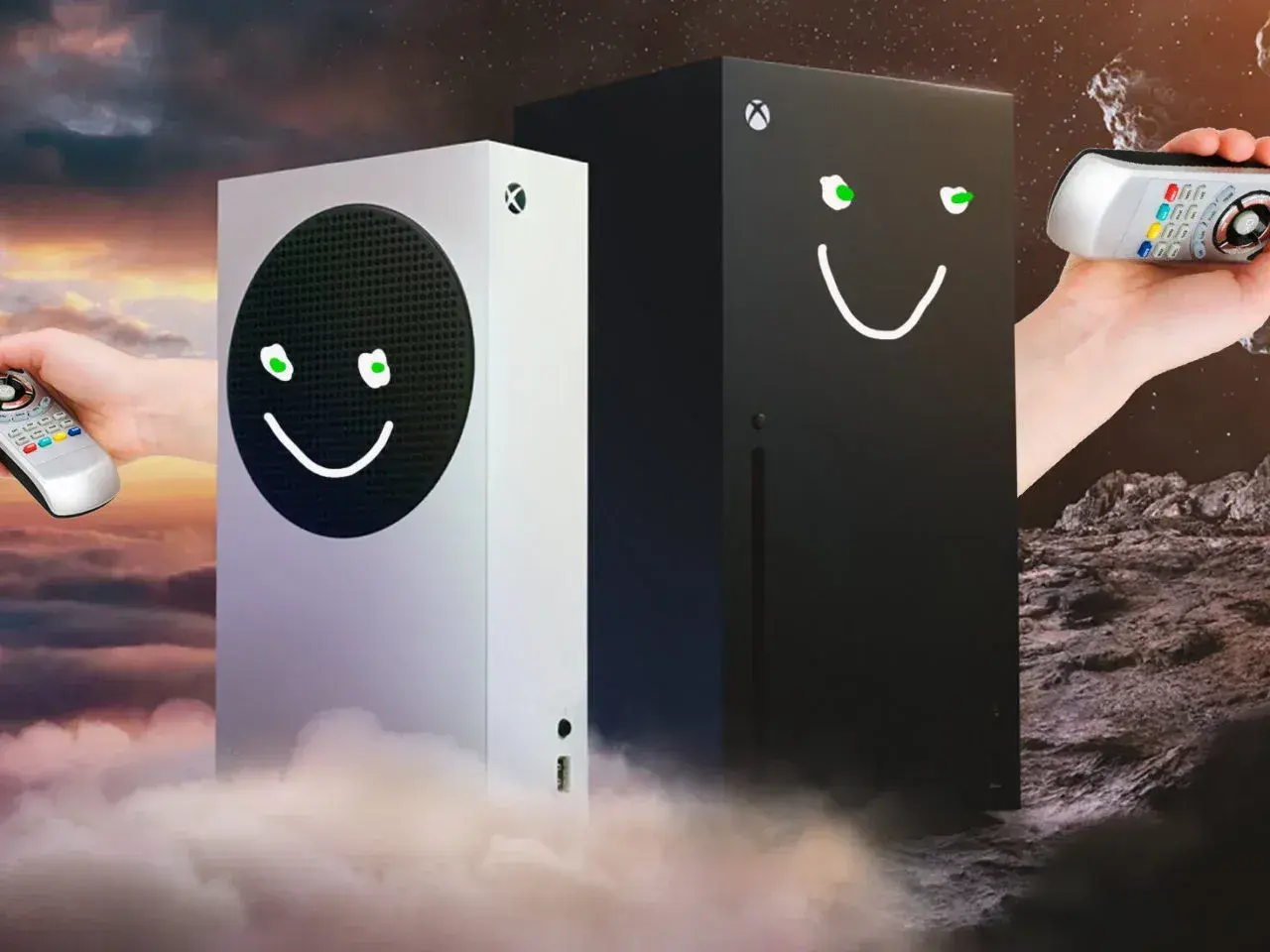 Dwa uśmiechnięte Xboxy, biały i czarny, z pilotami w rękach. Dowiedz się, jak włączyć Xboxa na telewizorze, by rozpocząć przygodę!
