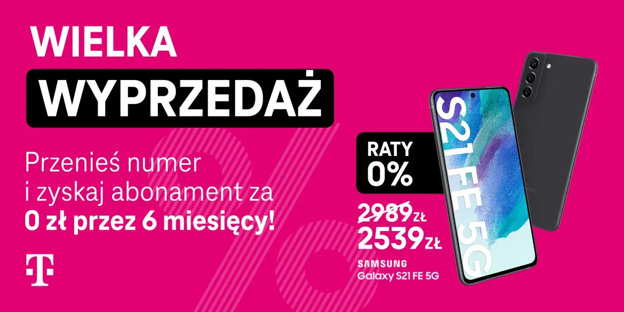 Wielka wyprzedaż w sieci T-Mobile! Przenieś numer 882 i zyskaj abonament za 0 zł przez 6 miesięcy. Samsung Galaxy S21 FE 5G w ratach 0%.