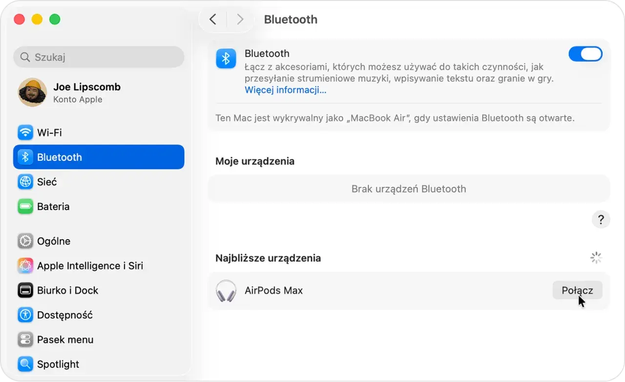 Ustawienia Bluetooth na Macu, pokazujące jak podłączyć słuchawki Apple AirPods Max do laptopa.