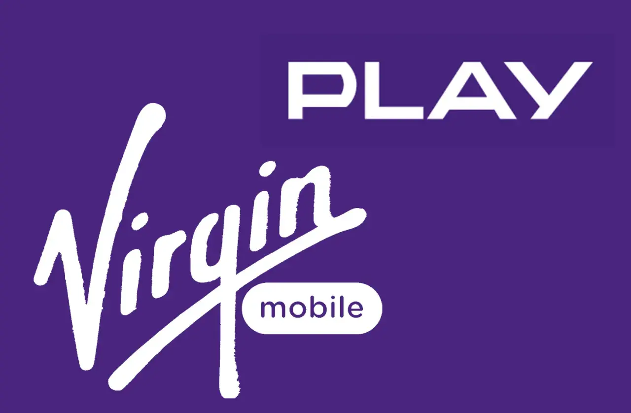 Logo Virgin Mobile i Play na fioletowym tle. Virgin Mobile to marka telekomunikacyjna.