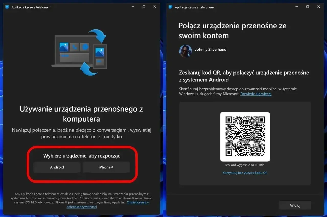 Aplikacja "Łącze z telefonem" pokazuje, jak połączyć telefon z wieżą przez bluetooth. Wybierz Android lub iPhone, by rozpocząć. Po prawej zeskanuj kod QR.