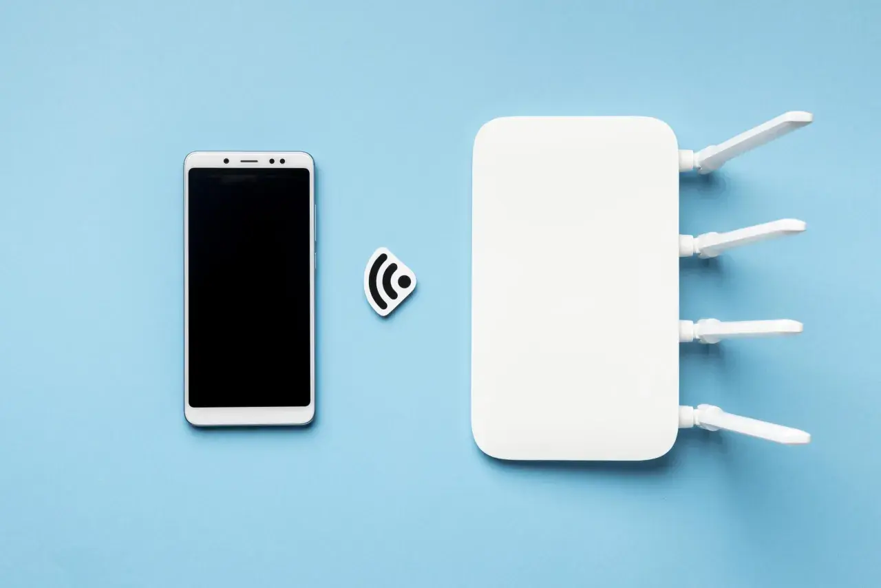 Biały smartfon i router Wi-Fi z antenkami, symbolizujące tethering.