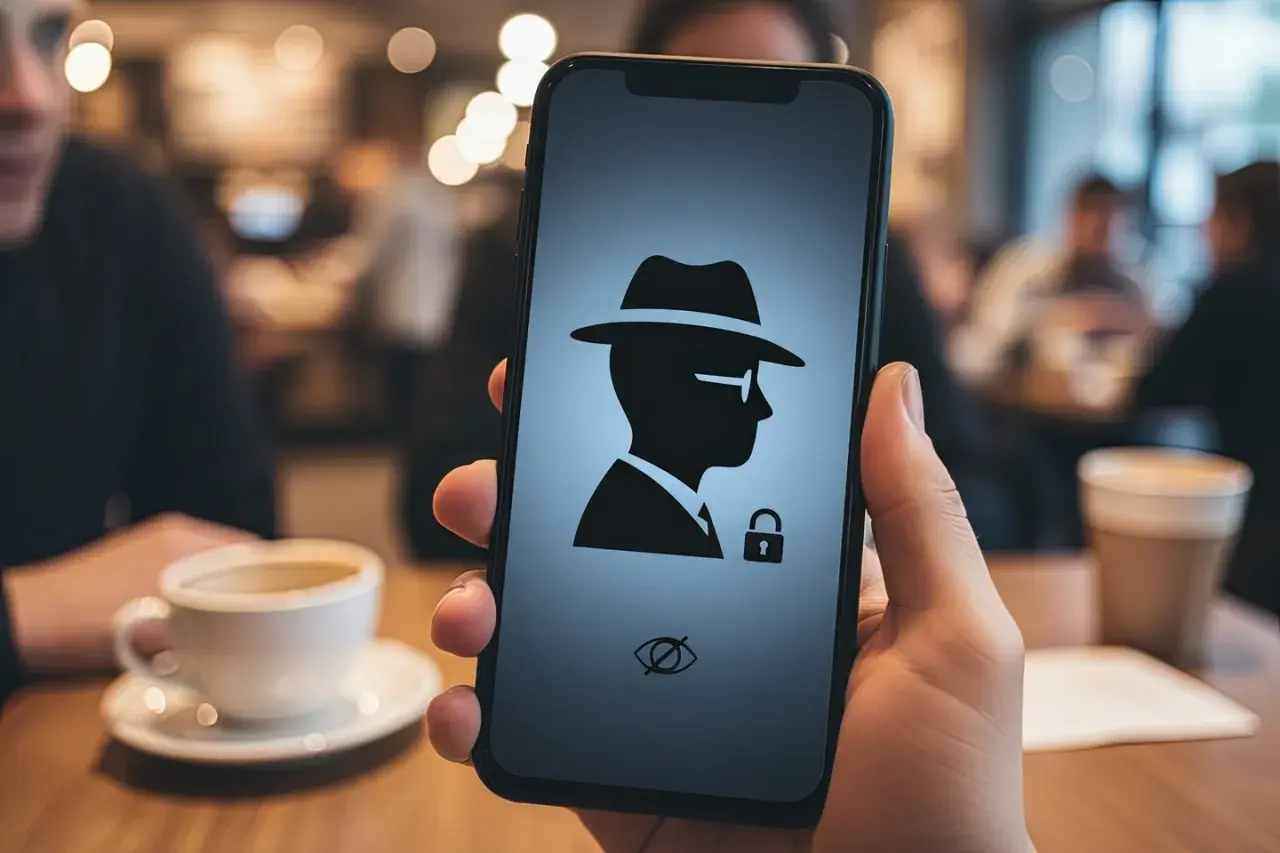 Telefon w trybie incognito. Ikona detektywa z kłódką i przekreślonym okiem symbolizuje prywatność i bezpieczeństwo w sieci.