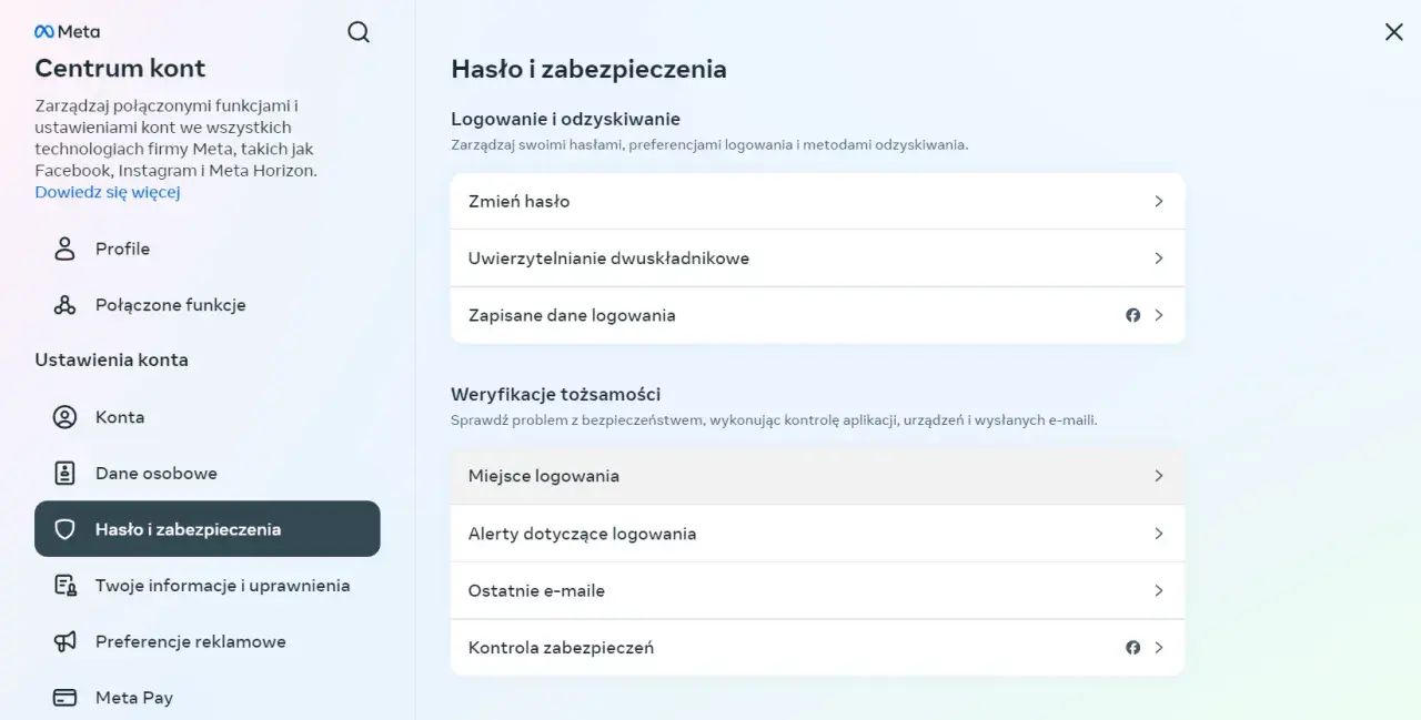 Ustawienia "Hasło i zabezpieczenia" w Centrum kont Meta. Znajdziesz tu opcje dotyczące logowania, jak wylogować się z Messengera, zmiany hasła i weryfikacji tożsamości.