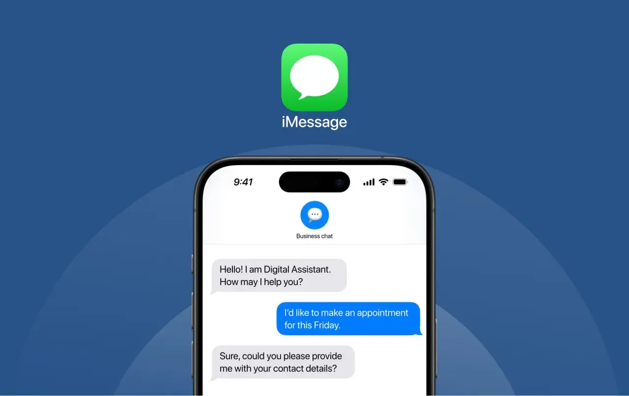 Rozmowa przez iMessage z asystentem cyfrowym. Użytkownik chce umówić wizytę, a asystent prosi o dane kontaktowe.