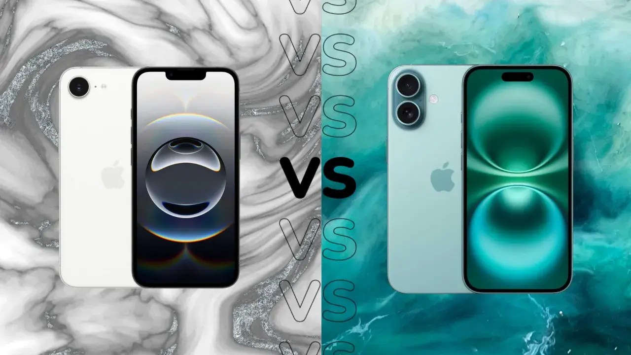 Porównanie iPhone 15 vs 16: dwa modele telefonów Apple na tle marmuru i turkusowej wody.