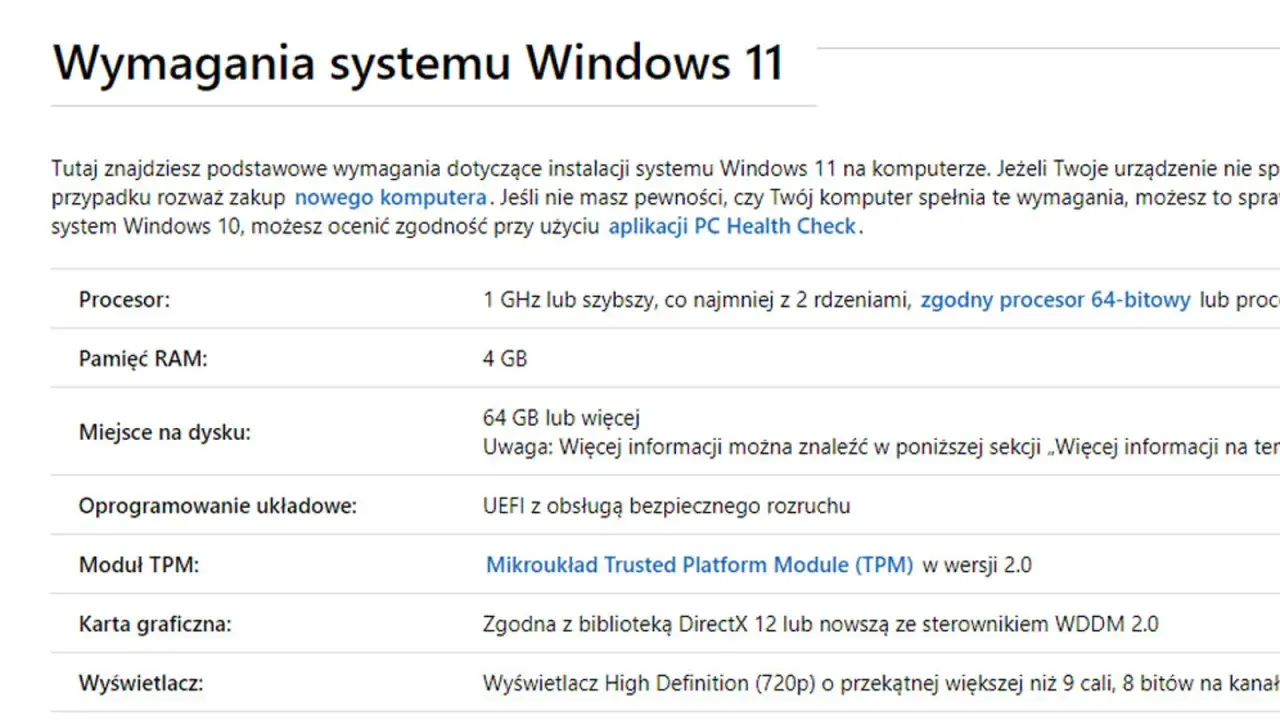 Wymagania systemu Windows 11: procesor 1 GHz/2 rdzenie, 4 GB RAM, 64 GB dysku, UEFI, TPM 2.0, DirectX 12, HD.