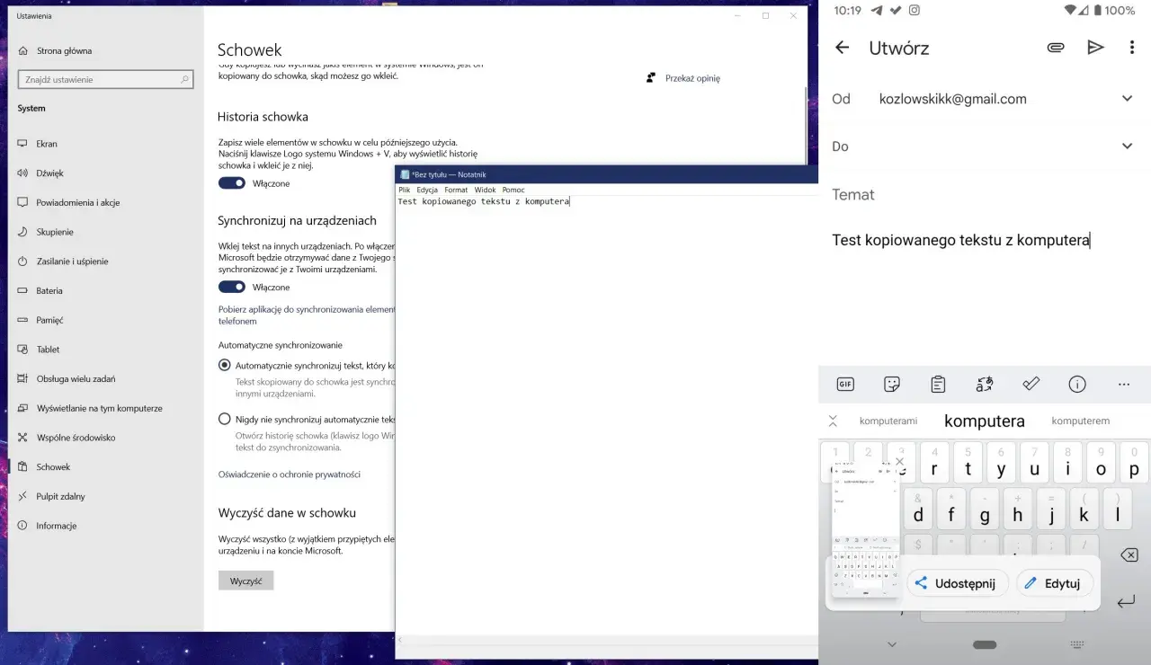 Ustawienia schowka Windows: historia, synchronizacja między urządzeniami i czyszczenie danych. Test kopiowanego tekstu z komputera.