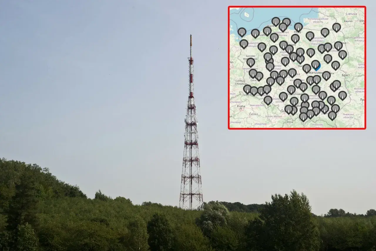 Wysoki maszt telekomunikacyjny na tle nieba, obok mapa z zaznaczonymi nadajnikami.
