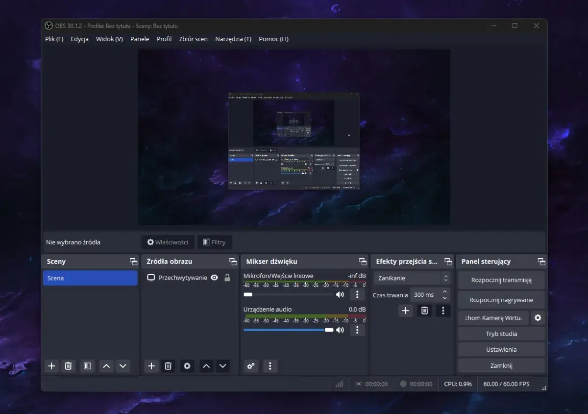 OBS Studio – popularny program do nagrywania ekranu i streamowania. Widok interfejsu z panelami scen, źródeł, miksera dźwięku i sterowania.