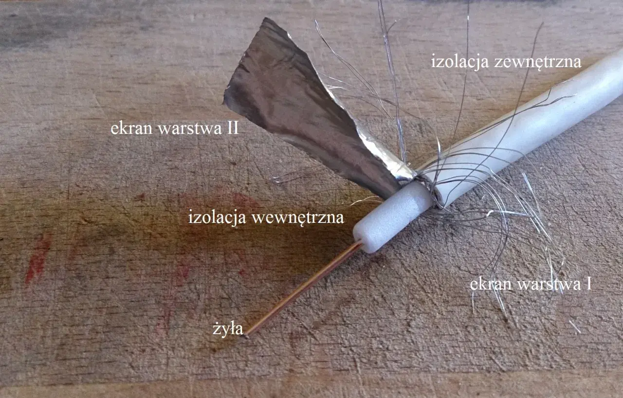 Przekrój kabla antenowego z widoczną żyłą, izolacją i ekranami. Dowiedz się, jak sprawdzić kabel antenowy miernikiem.
