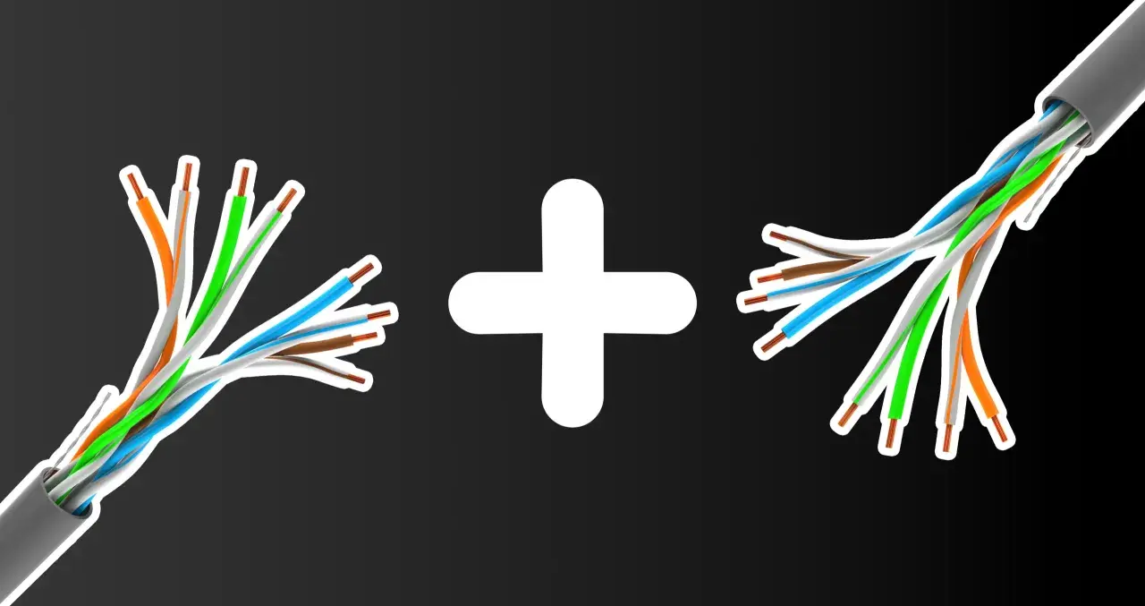 Rozgałęzianie kabla Ethernet: czy można to zrobić? Dwa rozplecione kable po obu stronach białego plusa.