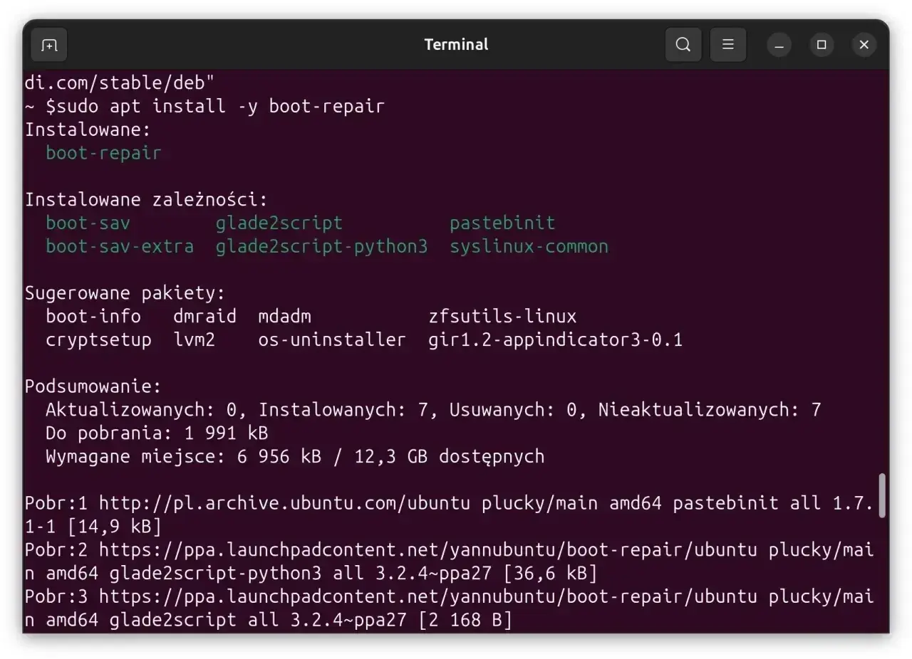 Instalacja pakietu boot-repair w terminalu. Wymaga on m.in. boot-sav i glade2script.